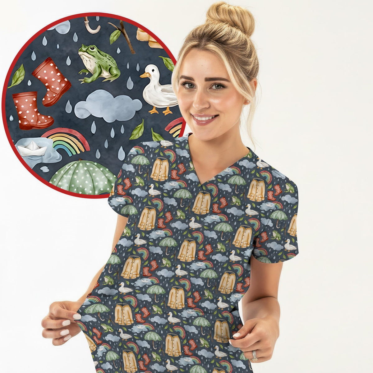 Rainy Day Ducks & Frog Nurse Scrub Top