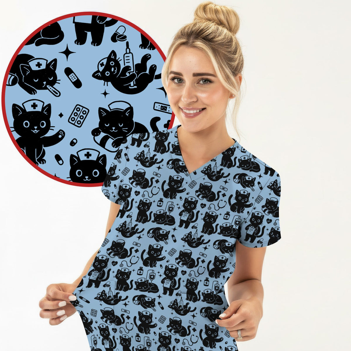 Cute White Black Cat Nurse Scrub Set