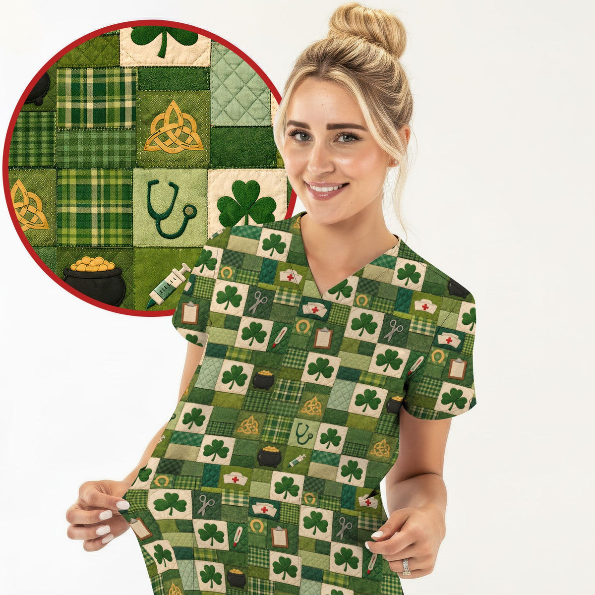 St Patrick Patchwork Shamrock Nurse Scrub Top
