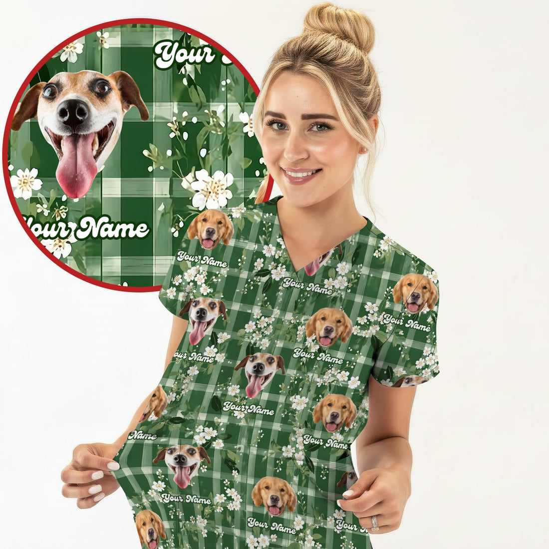 Dog Face Green Plaid Floral Nurse Scrub Top