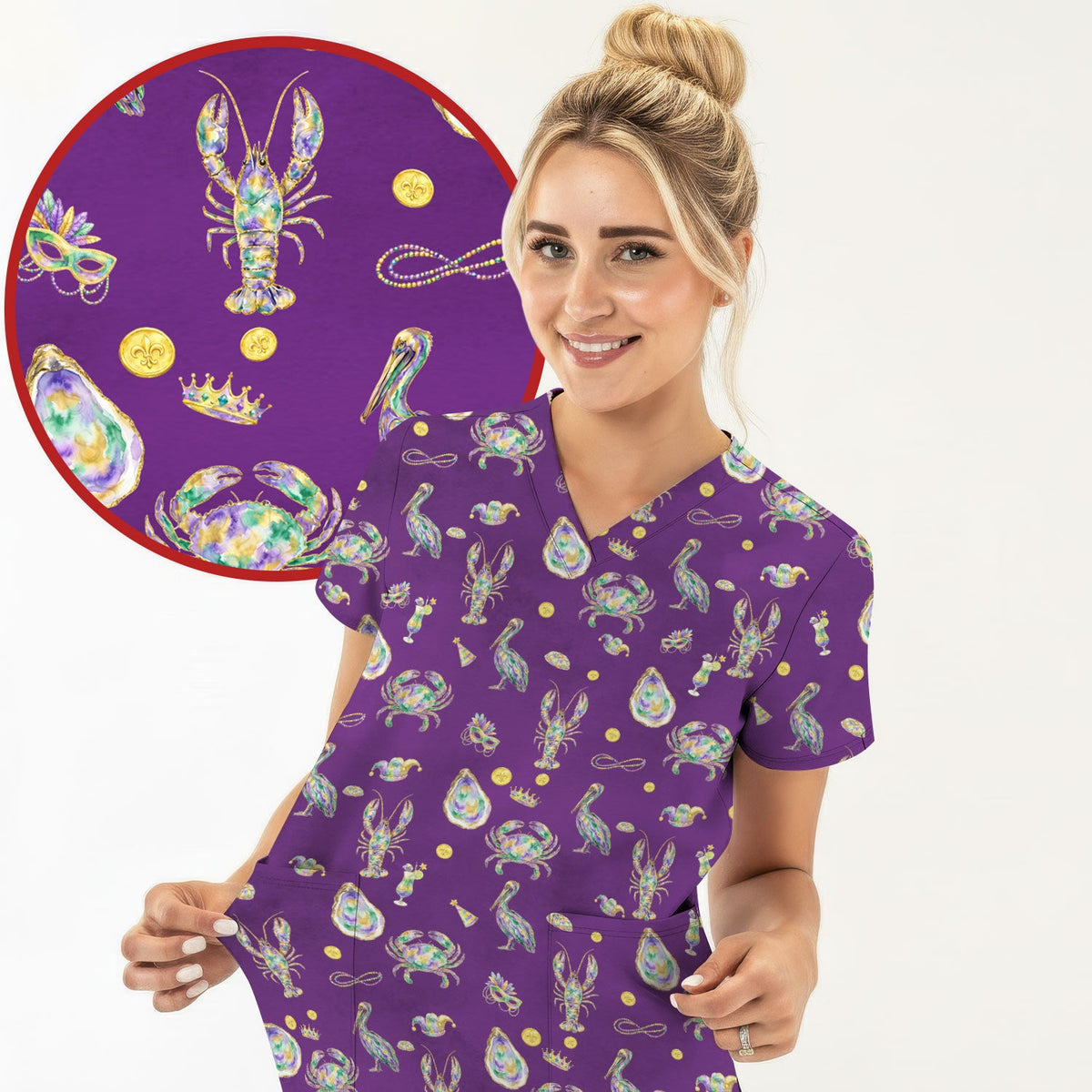 Mardi Gras Seafood Nurse Scrub Top