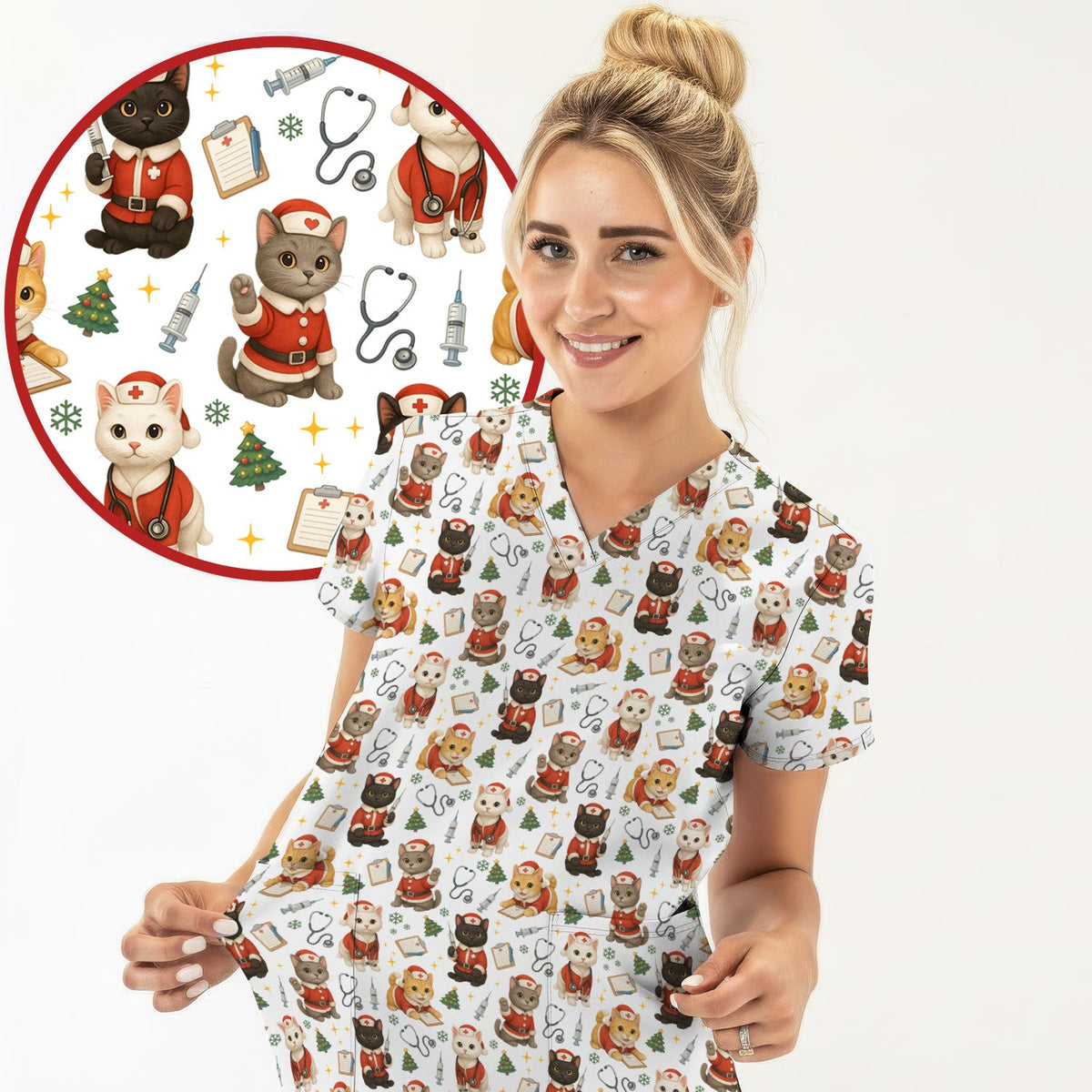 Funny Nurse Scrub Top for Women - Christmas Lucky Cat Design - Cute Holiday Nursing Shirt Gift for RN LPN CNA