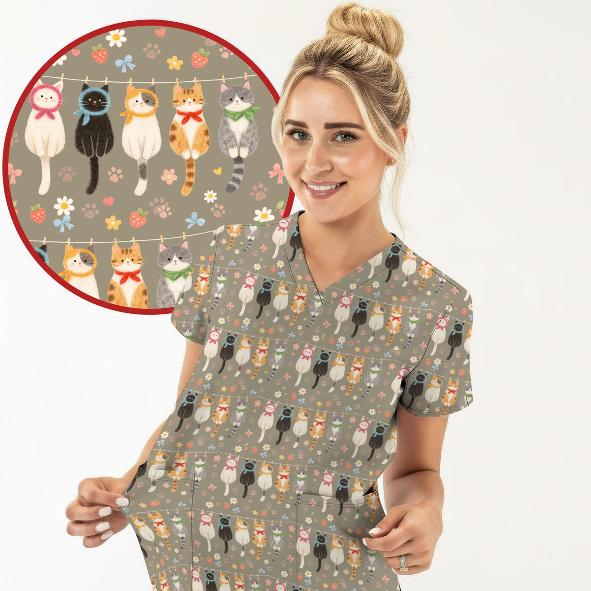 Cat Clothesline Nurse Scrub Top