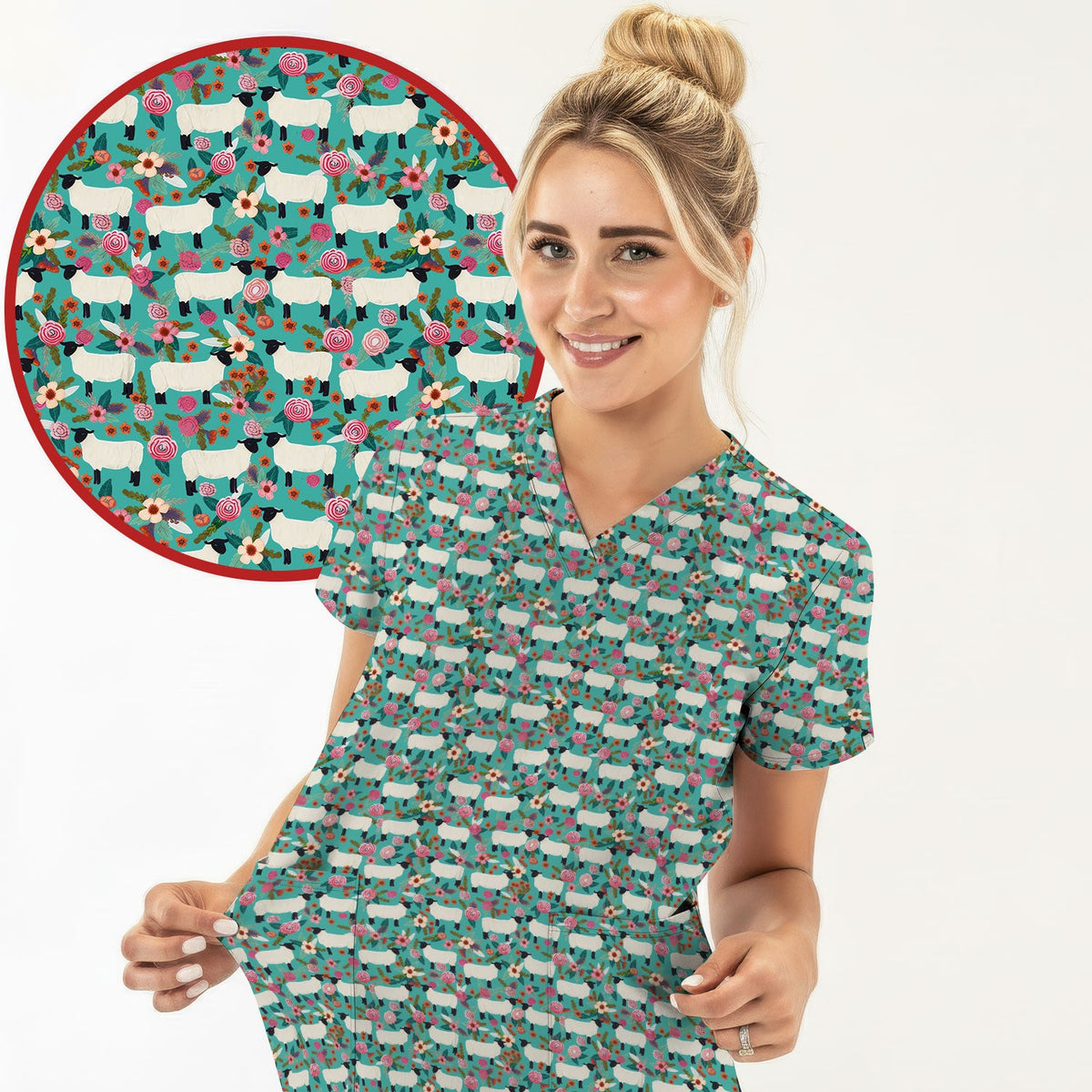 Sheep Floral Meadow Nurse Scrub Top
