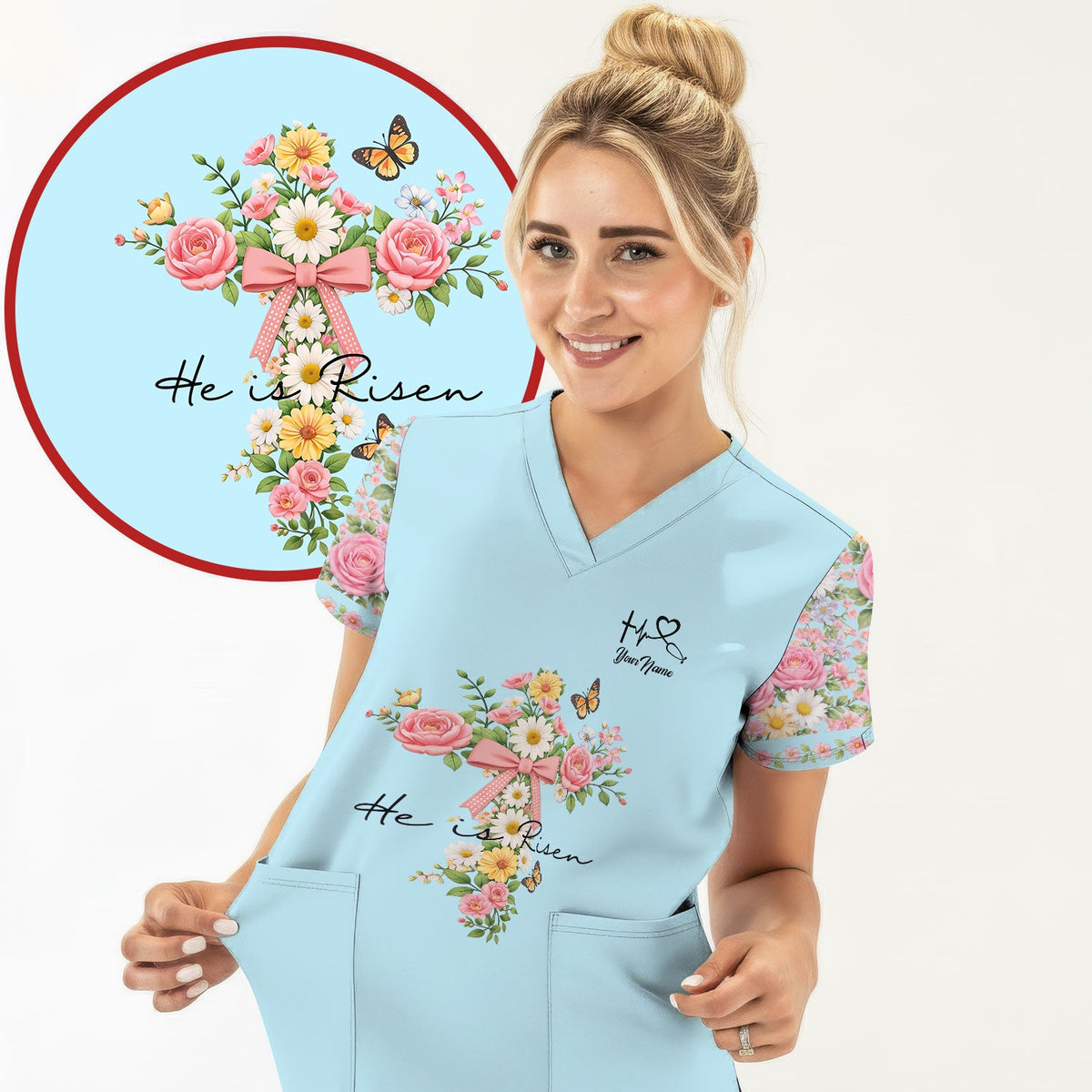 Personalized Easter Nurse He Is Risen Scrub Top
