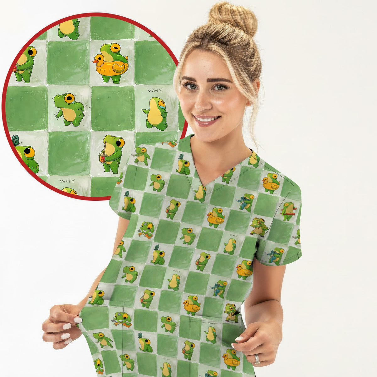 Frog Duck Checkerboard Nurse Scrub Top