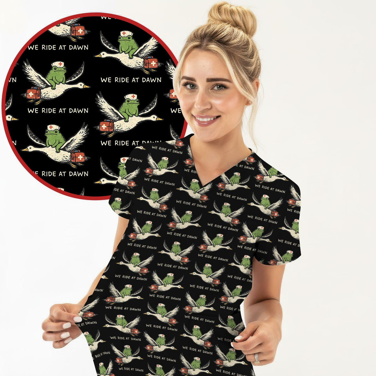 Frog Riding Goose Nurse Scrub Top