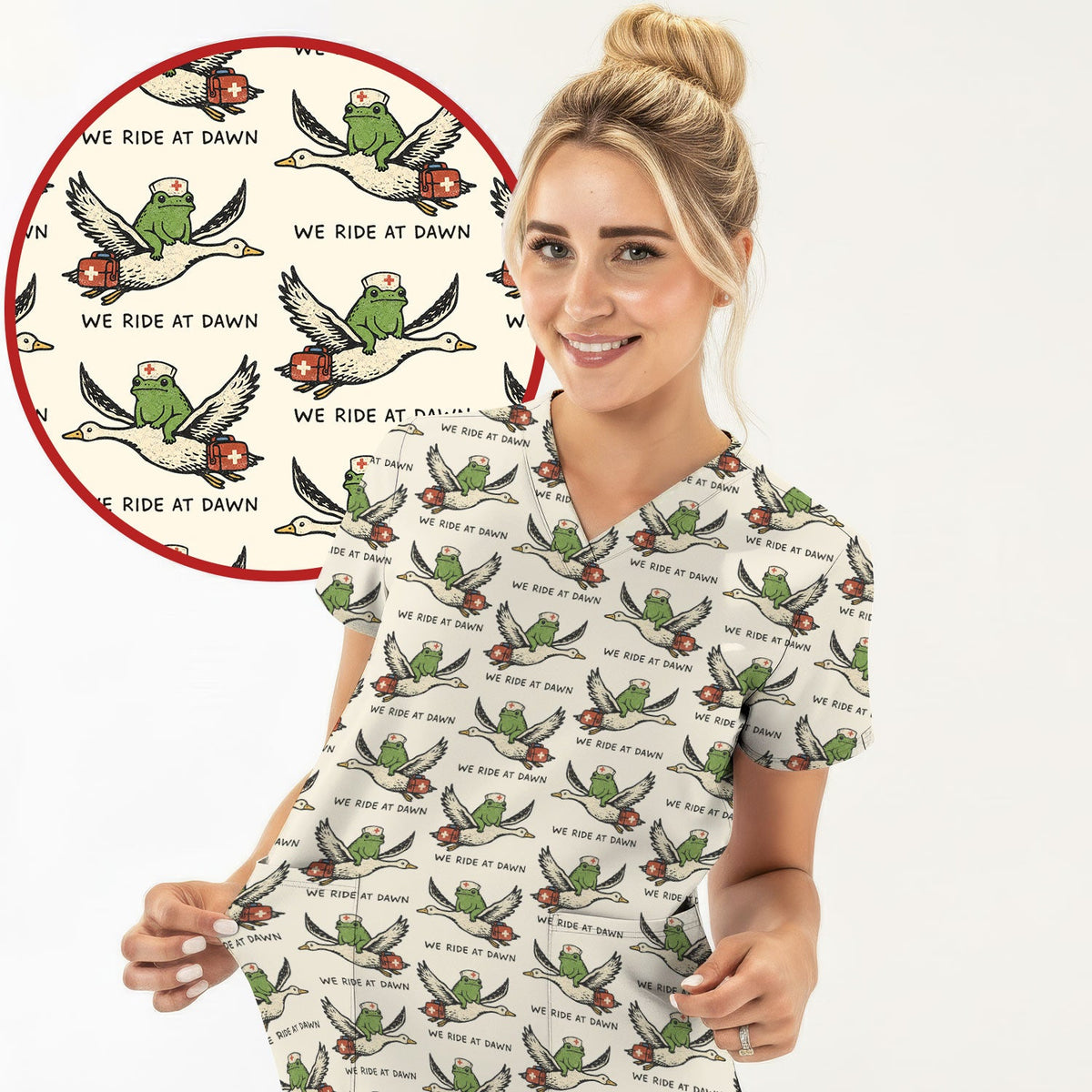Frog Riding Goose Nurse Scrub Top