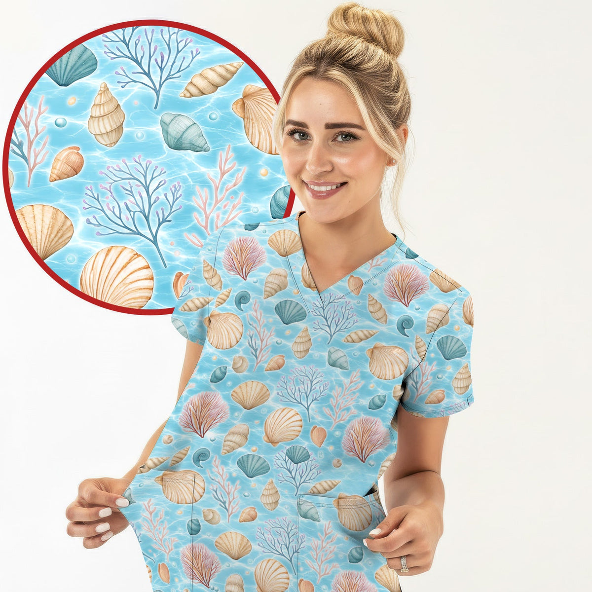 Coastal Seashell And Coral Reef Nurse Scrub Top