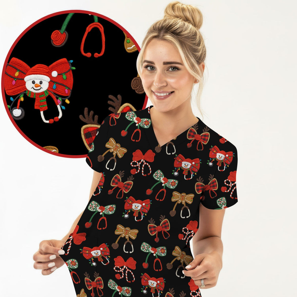 Christmas Stethoscope Bow Nurse Scrub Top