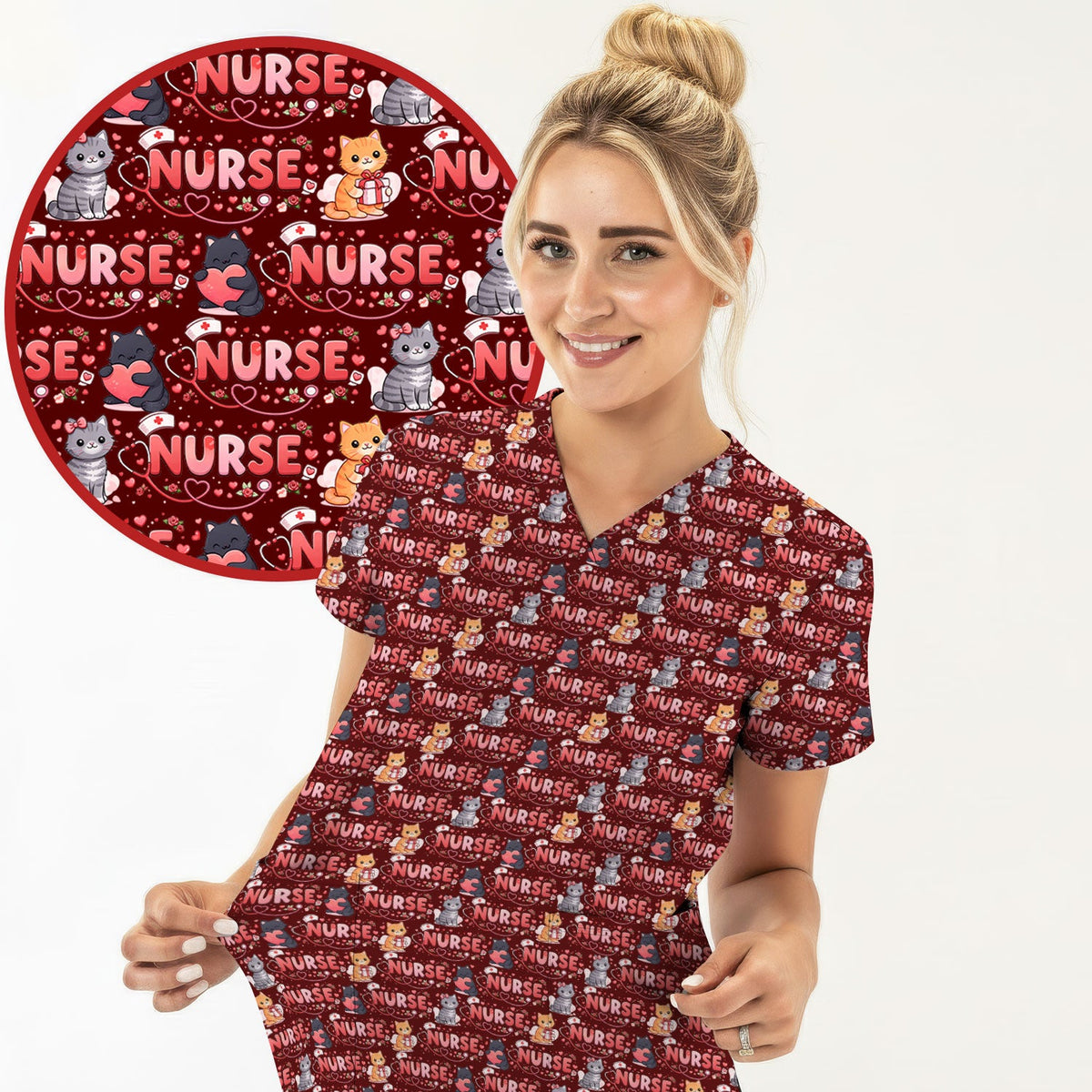 Cat Heart Nurse Scrub Top - Valentines Day Gift