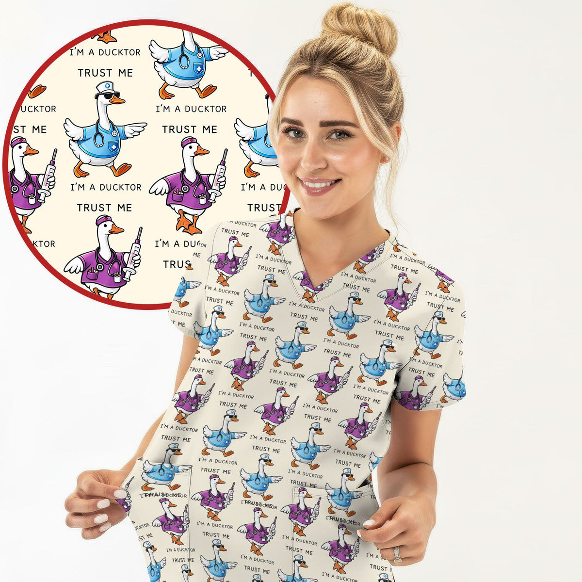 Duck Cartoon Nurse Scrub Top