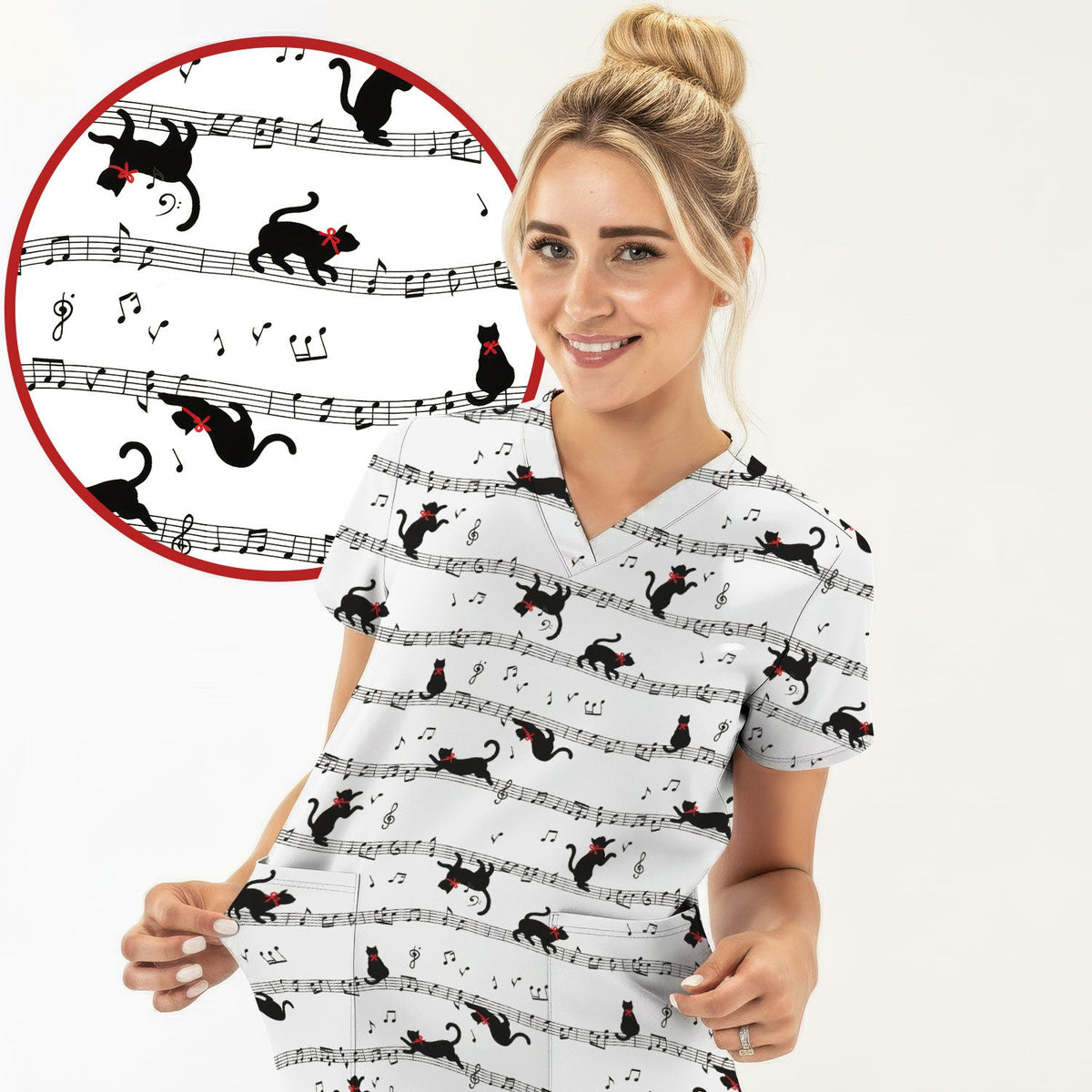 Dancing Black Cat Music Nurse Scrub Top