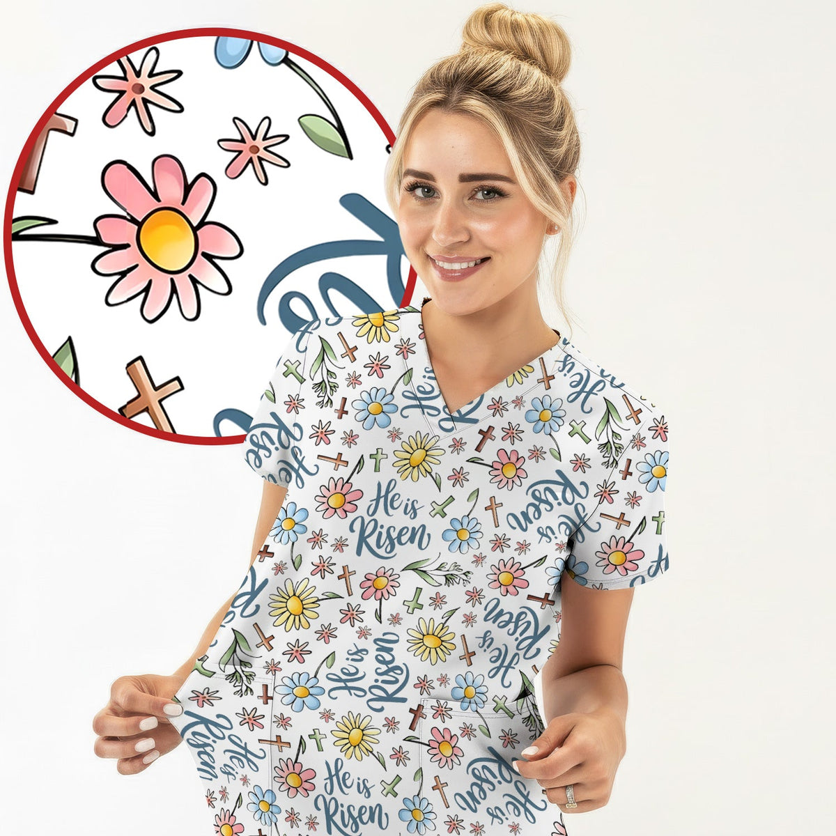 Risen Cross Flower Nurse Scrub Top - Easter Gift