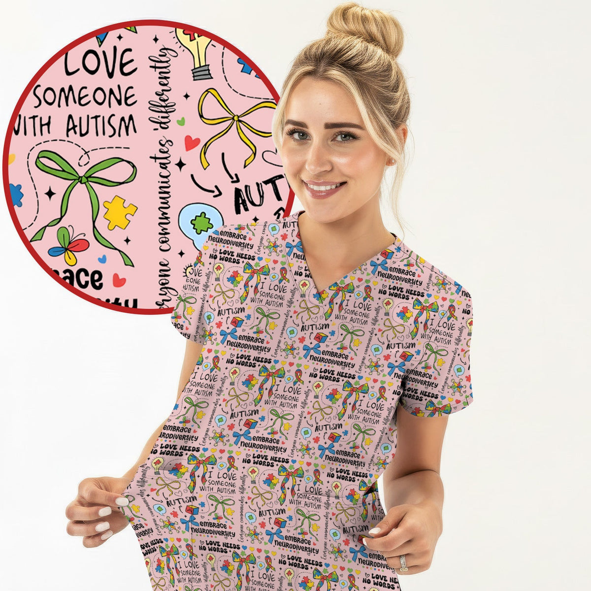 Autism Awareness Puzzle Ribbon Pastel Nurse Scrub Top