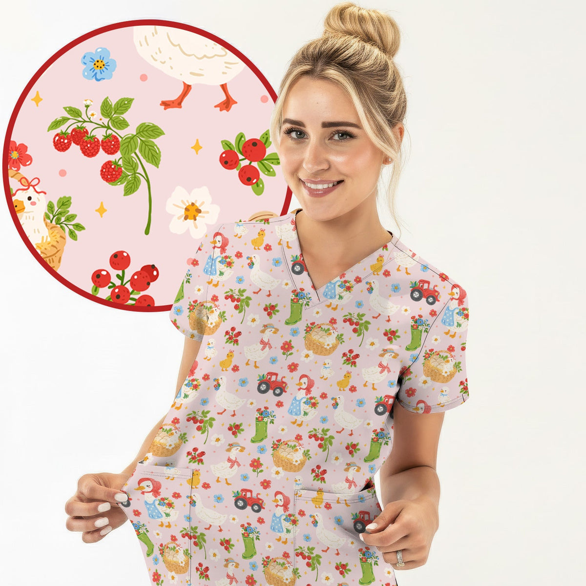 Farm Duck Chicken Tractor Flower Basket Nurse Scrub Top