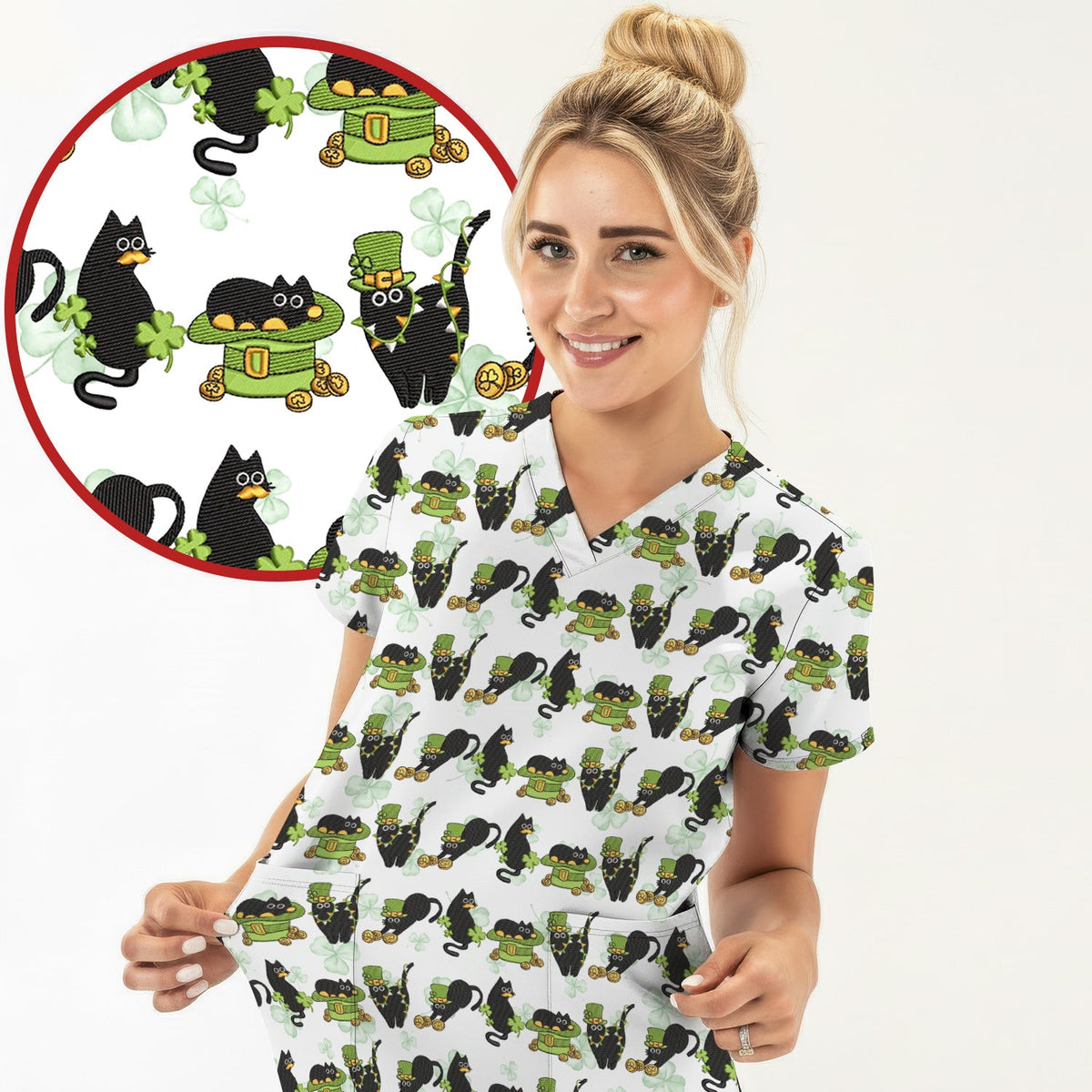 St Patrick Black Cat Clover Nurse Scrub Set