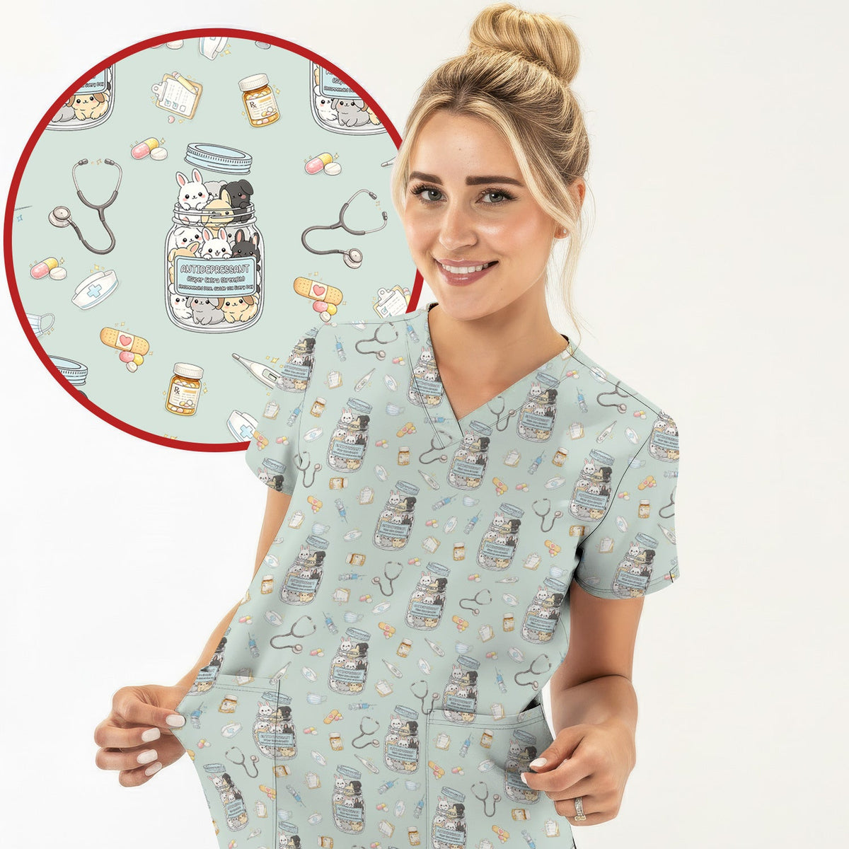 Whimsical Antidepressant Rabbit Jar Nurse Scrub Top