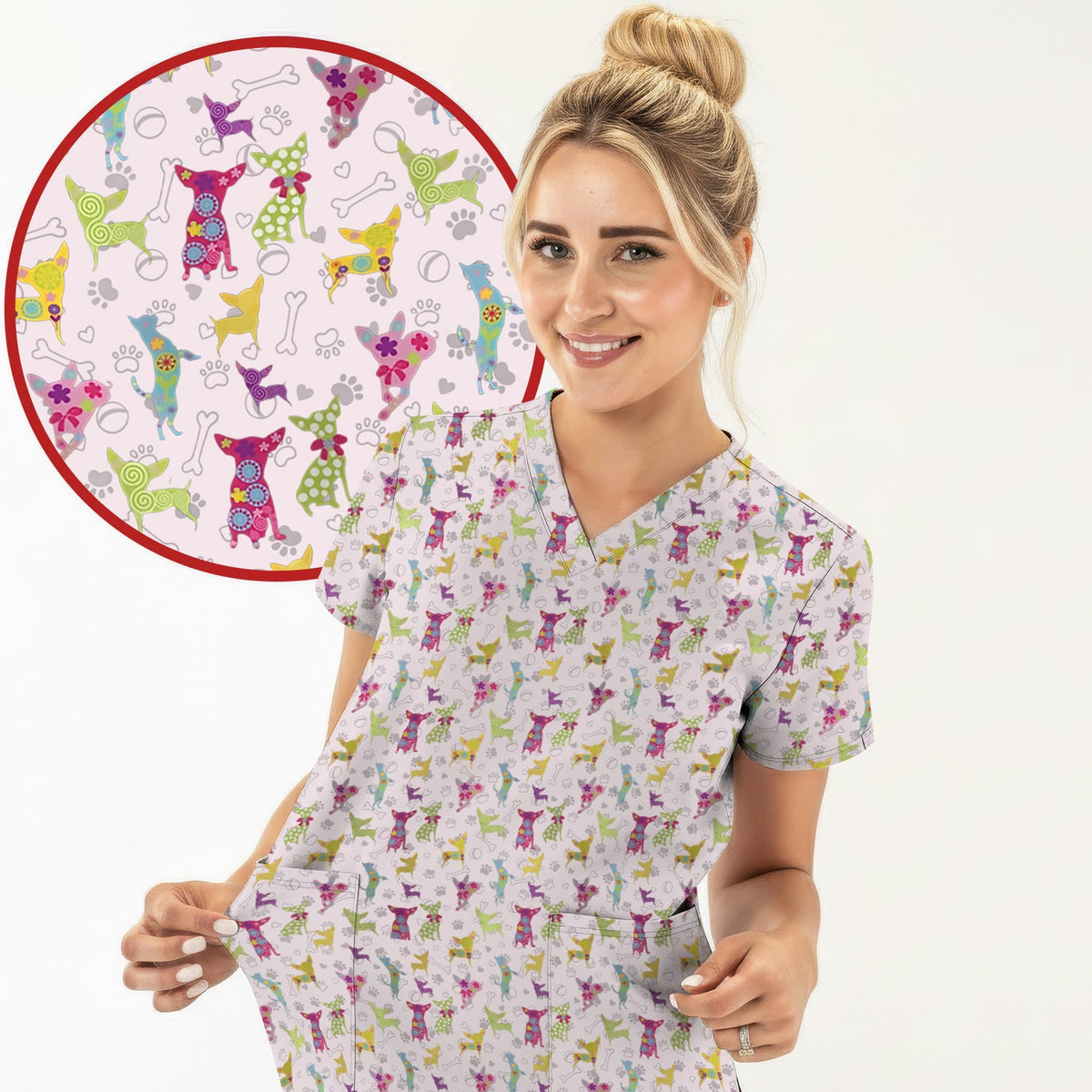 Colorful Playful Dog Nurse Scrub Set