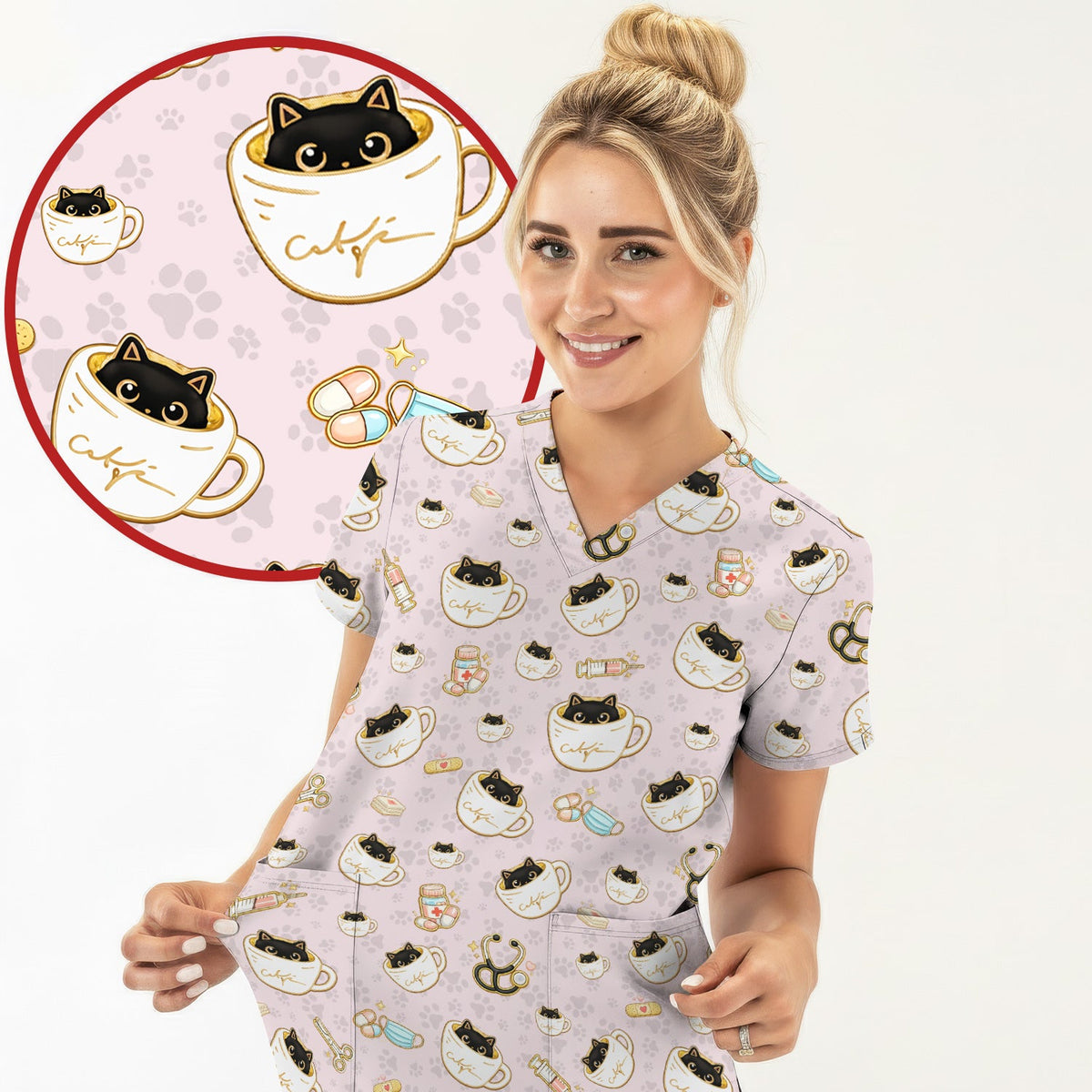 Coffee Cat Nurse Scrub Top