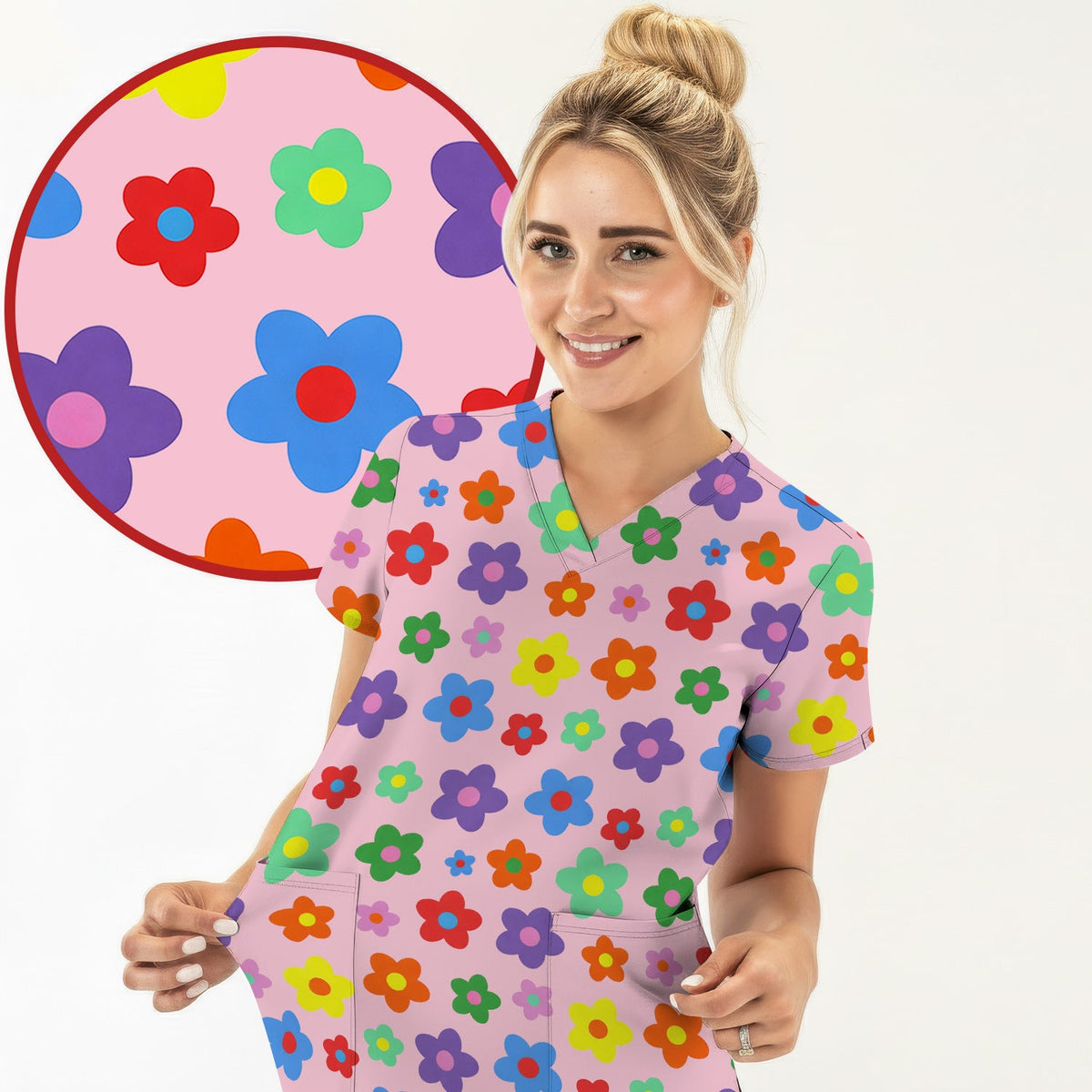 Colorful Retro Flower Nurse Scrub Top