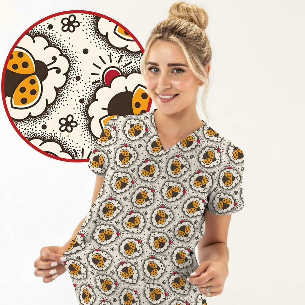 Ladybug Floral Frame Nurse Scrub Top