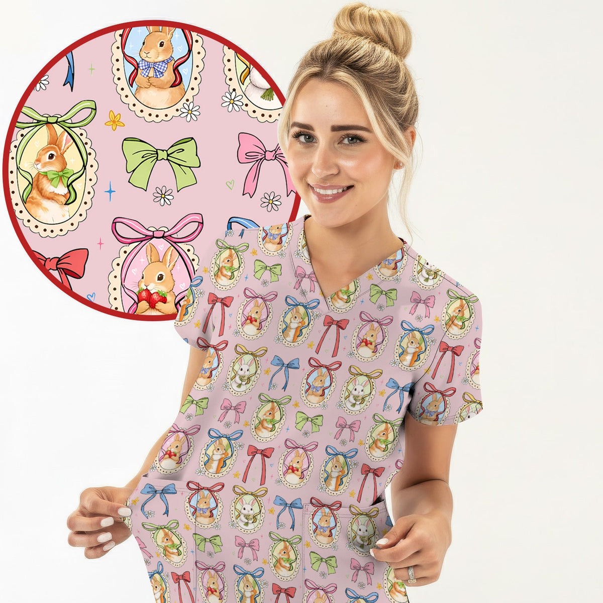 Bunny Cameo Bow Nurse Scrub Set - Easter Gift
