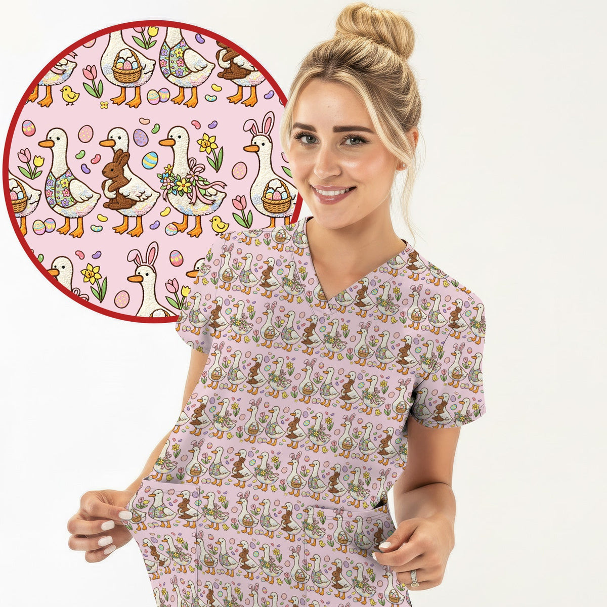 Duck Bunny Egg Floral Nurse Scrub Set - Easter Gift