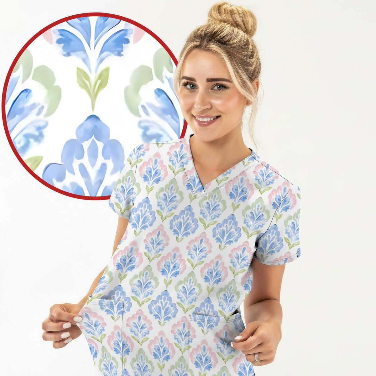 Blue Floral Damask Nurse Scrub Top