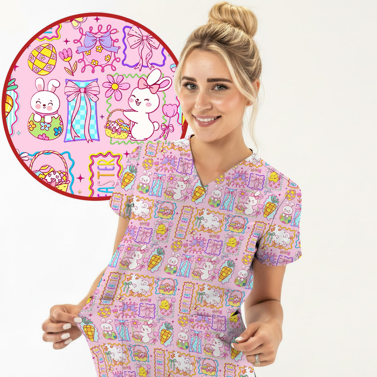 Cute Easter Bunny Egg and Bow Print Scrub Set, Scrub Pants and V Neck Top