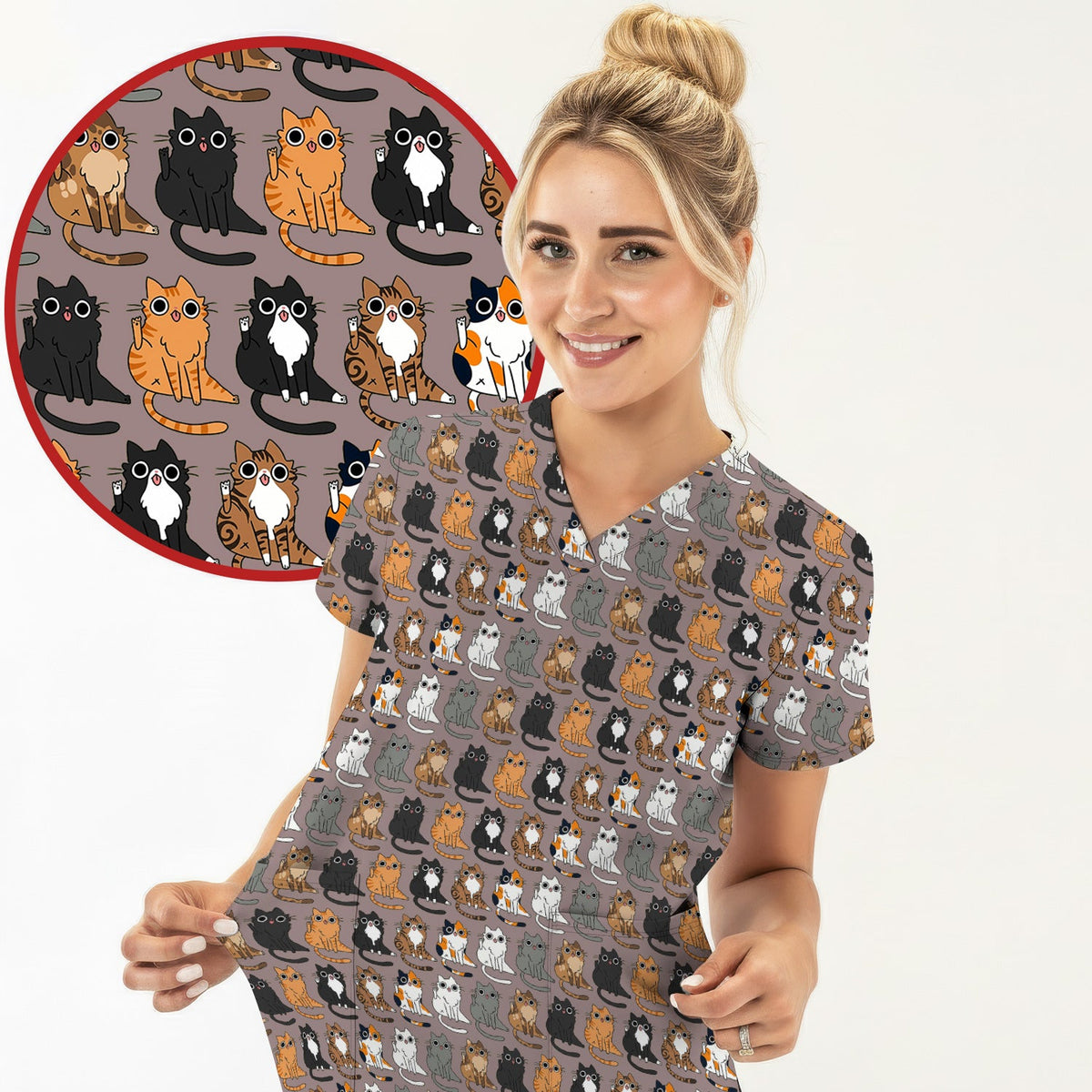 Cat Pattern Nurse Scrub Top