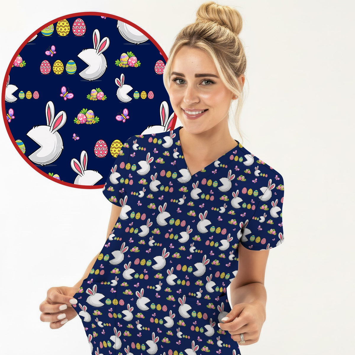 Bunny Colorful Eggs Nurse Scrub Set - Easter Gift