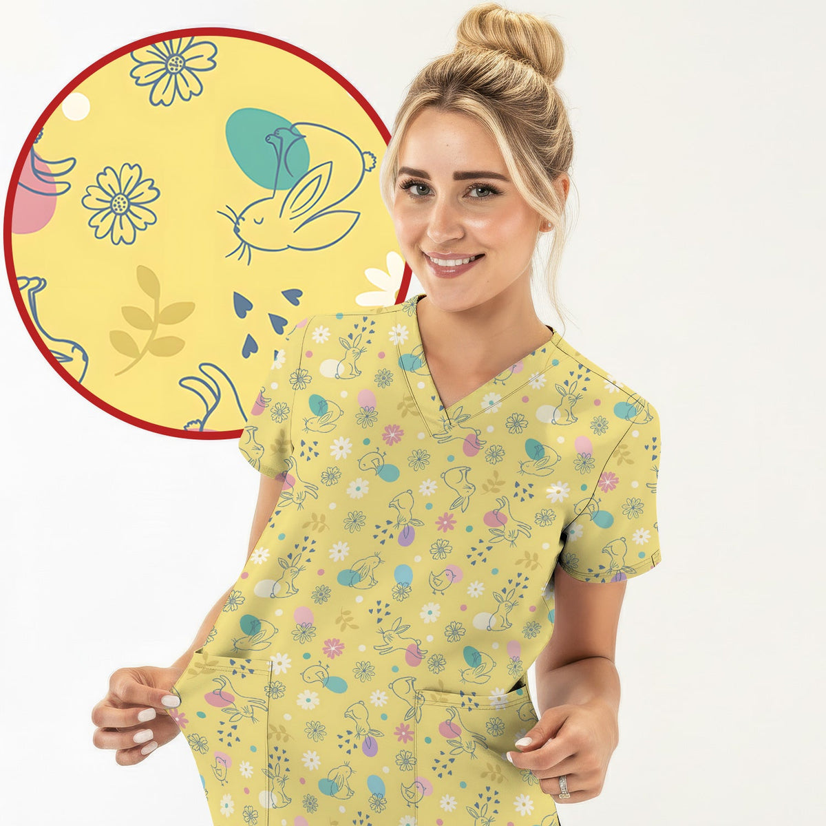 Whimsical Easter Bunny Eggs Nurse Scrub Top
