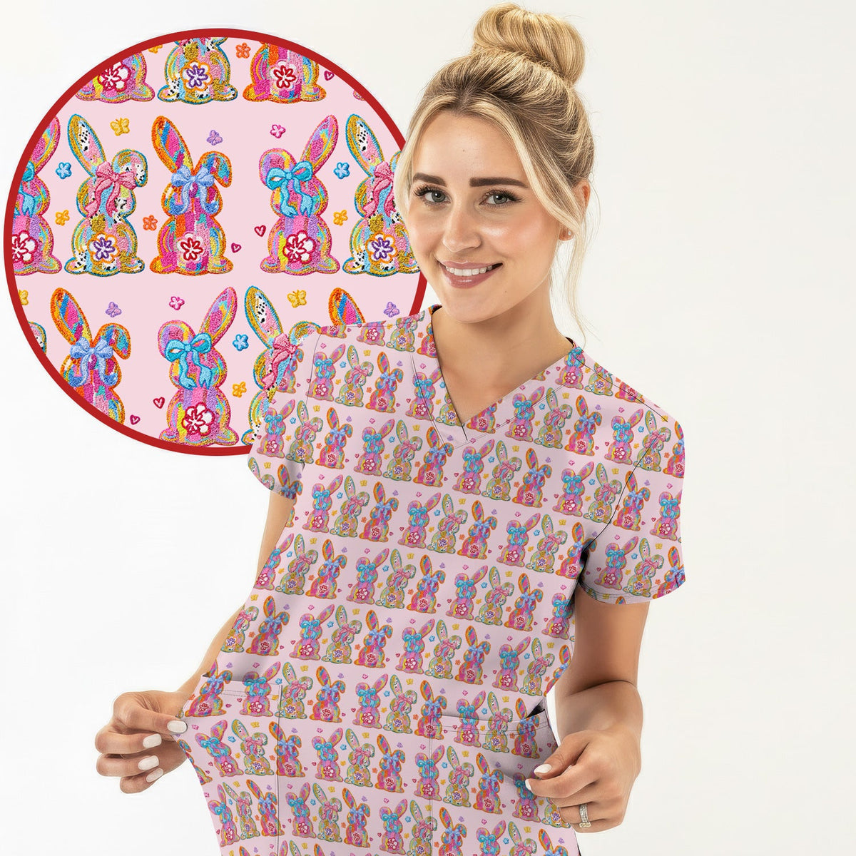 Pastel Bunny Floral Nurse Scrub Set