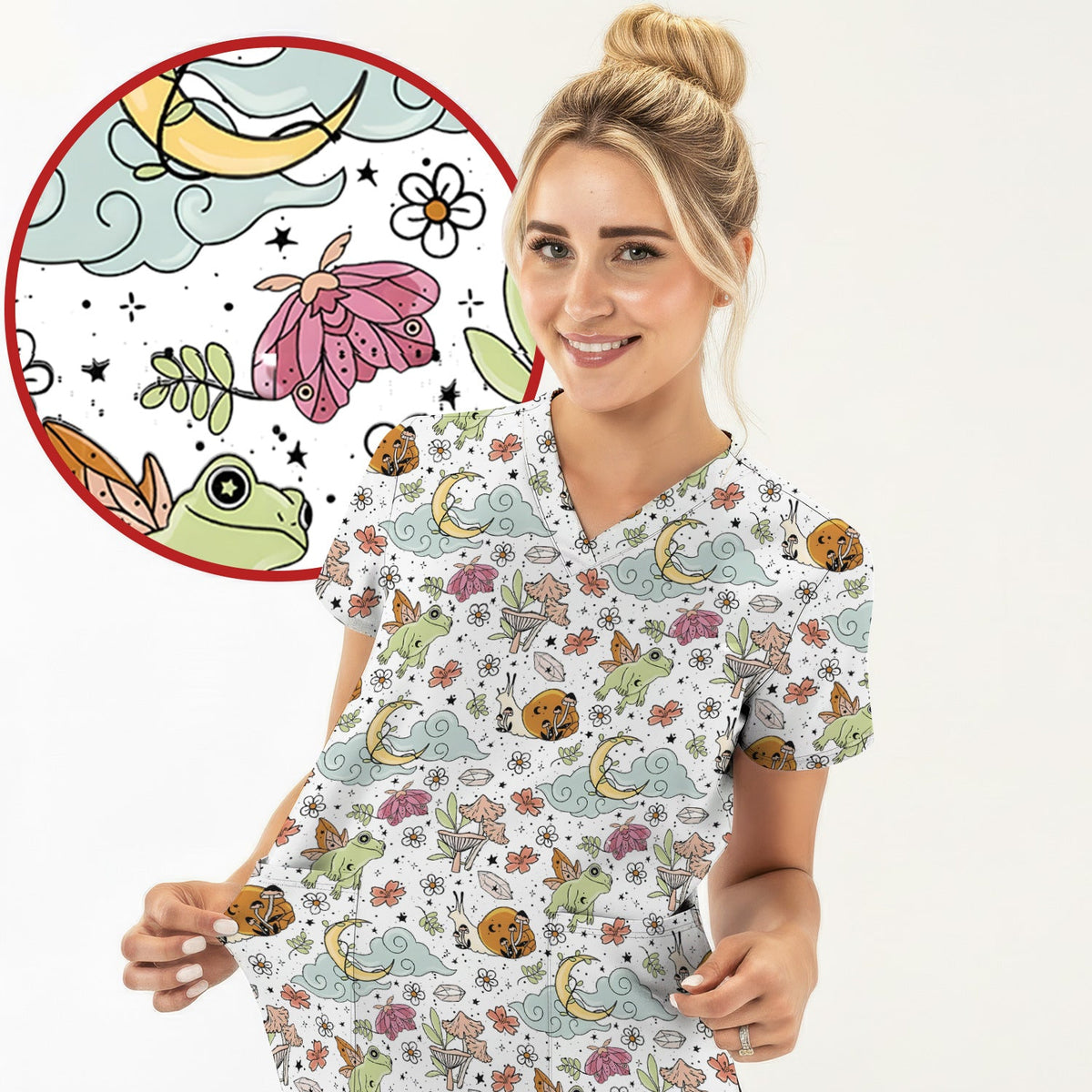 Whimsical Frog Moon Mushroom Nurse Scrub Top
