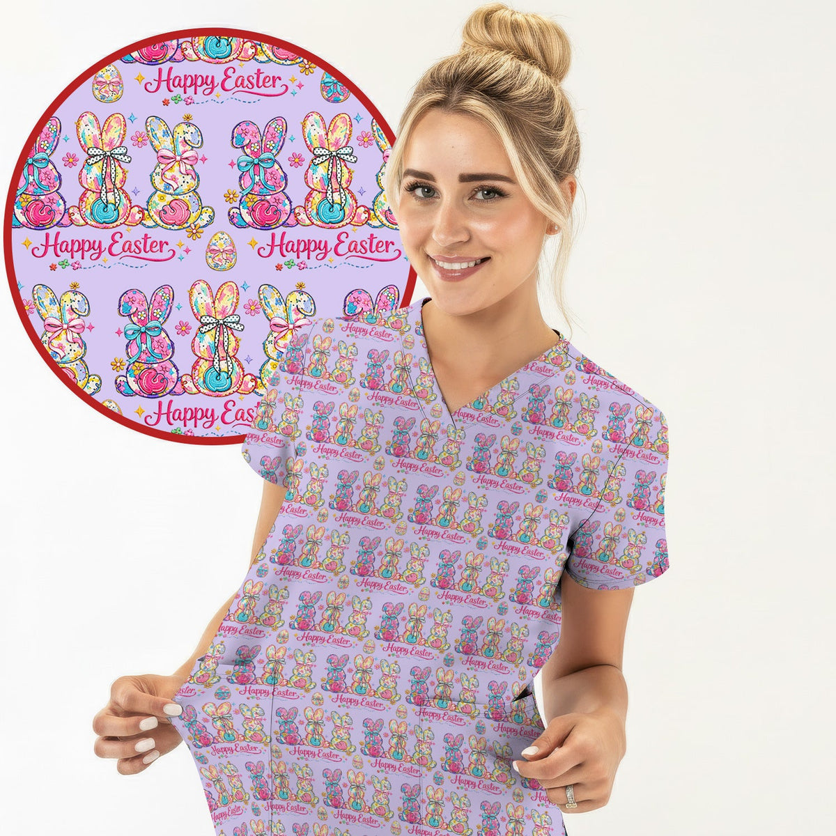 Pink Happy Easter Bunny Pattern Scrub Top, Comfortable Scrubs for Nurses