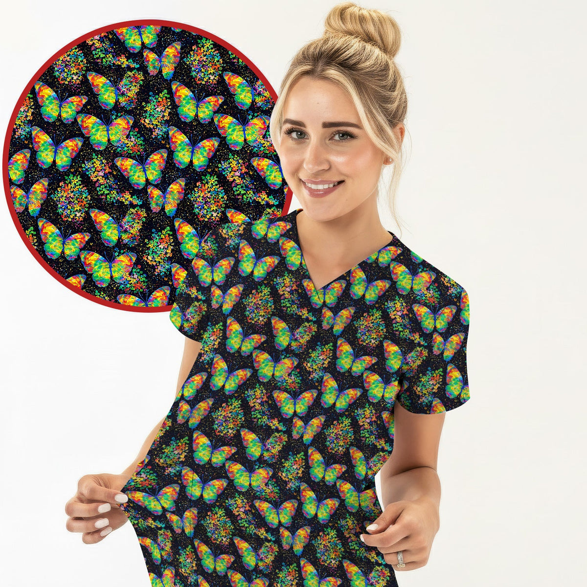 Rainbow Butterfly Galaxy Nurse Scrub Top