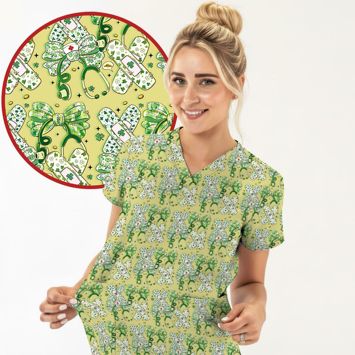 St Patrick Shamrock Stethoscope Nurse Scrub Top