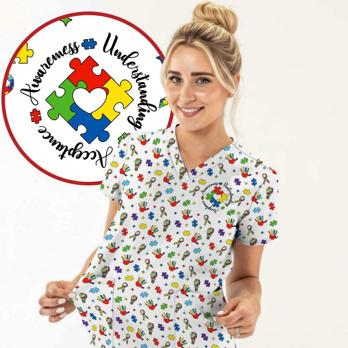 Autism Awareness Colorful Puzzle Nurse Scrub Top