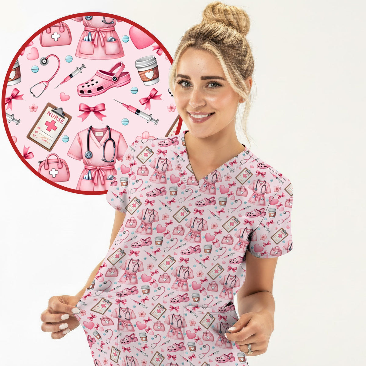 Valentine Pink Nurse Icons Scrub Set