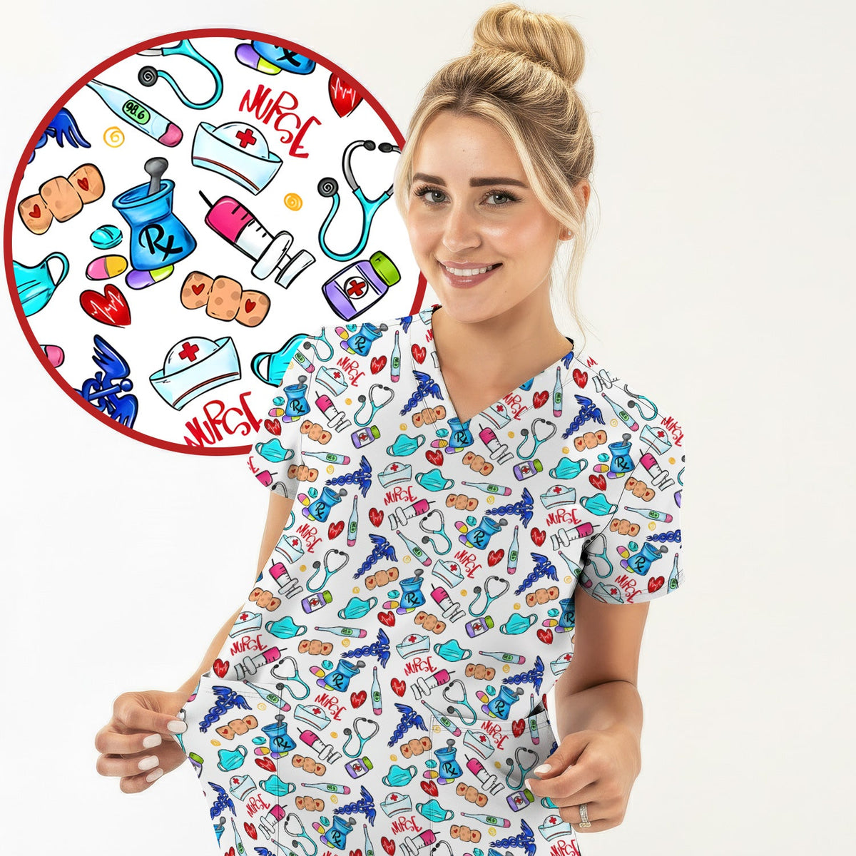 Nurse Medical Icons Stethoscope Heart Pattern Scrub Top, Comfortable Scrubs for Nurses