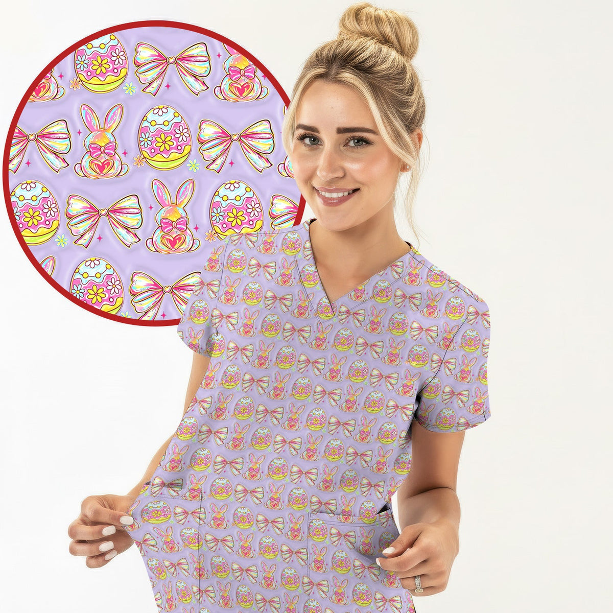 Bunny Pastel Egg Bow Nurse Scrub Set - Easter Gift