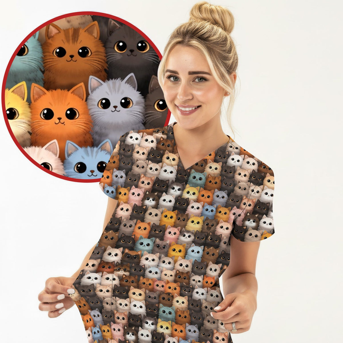 Lightweight Colorful Cat Nurse Scrub Top
