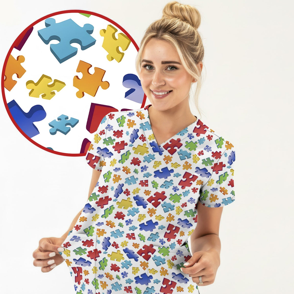 Colorful Scattered Puzzle Piece Nurse Scrub Set