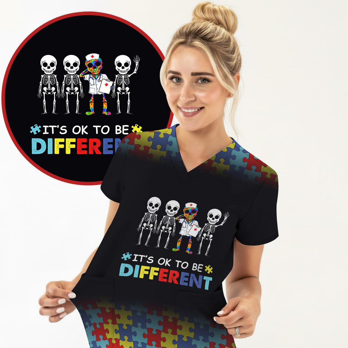 Autism Puzzle Skeleton It's OK To Be Different Nurse Scrub Set