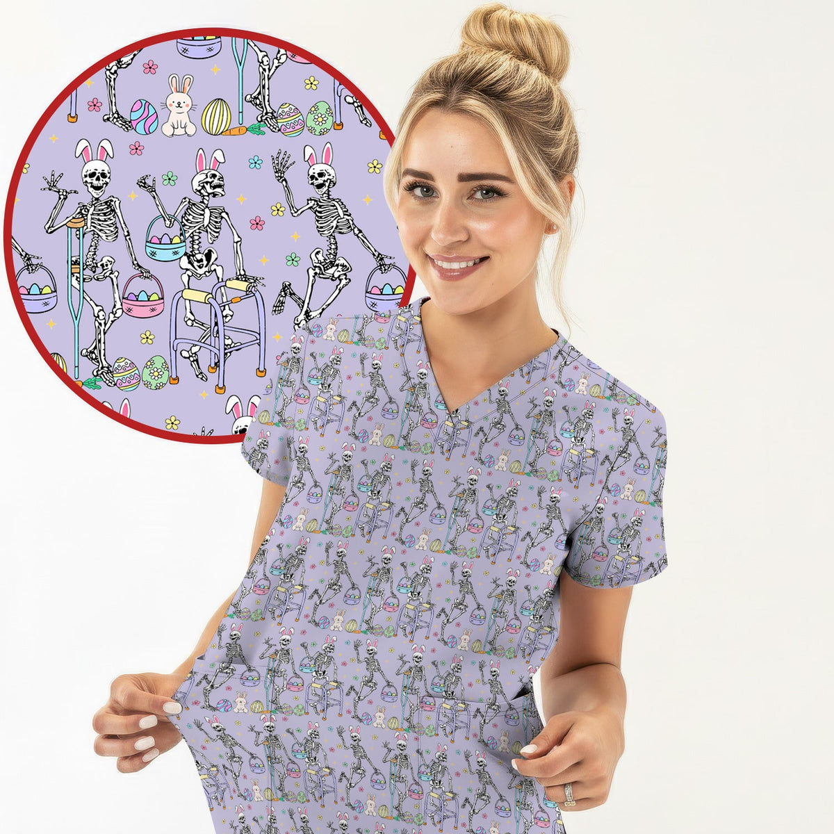 Fun Skeleton Bunny Nurse Scrub Top - Easter Gift
