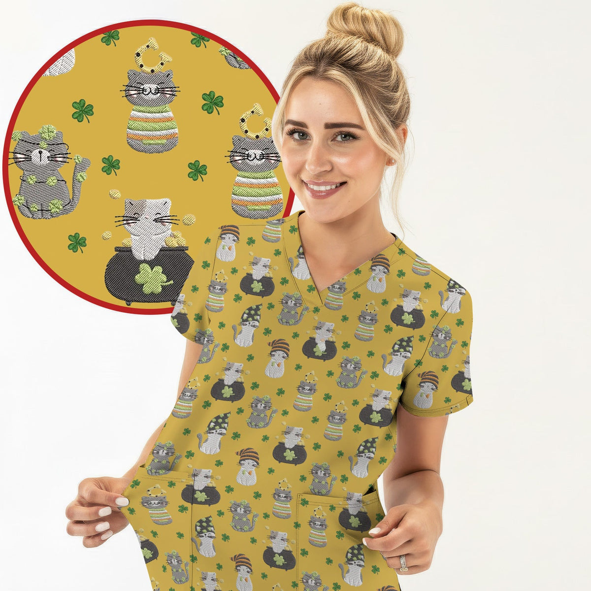 St Patrick Lucky Cat Shamrock Nurse Scrub Top