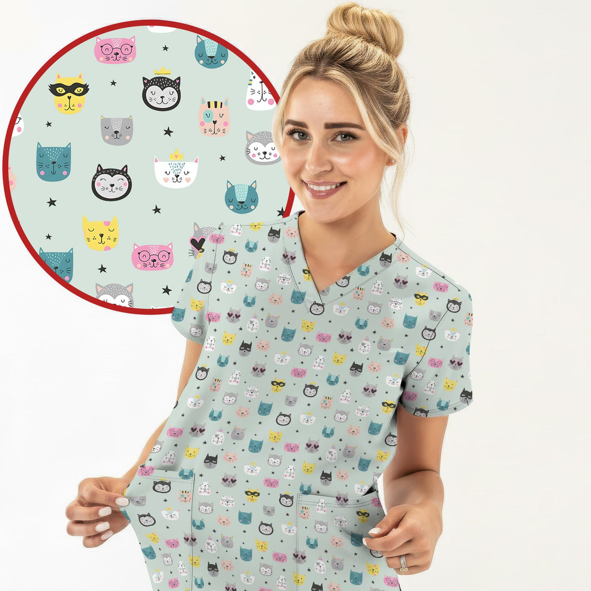 Colorful Cat Nurse Scrub Top