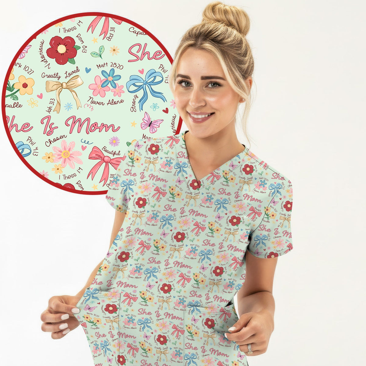 She Is Mom Flower Bow Nurse Scrub Set