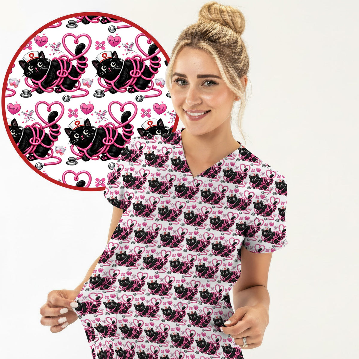 Valentine Cat Nurse Heart Scrub Top